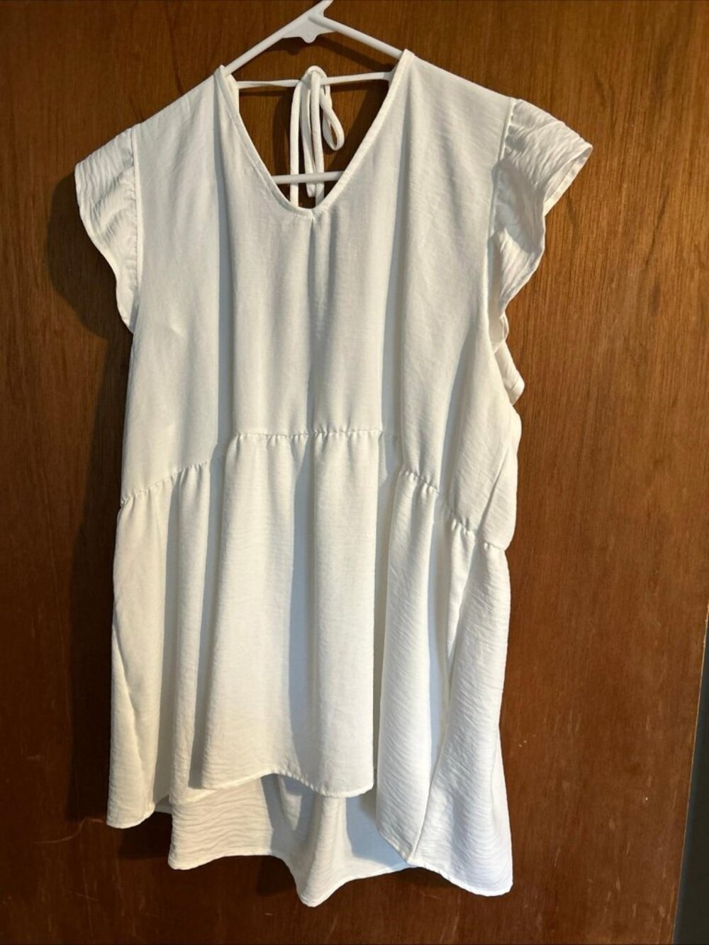 Cotton Bleu White V-Neck Tie Back Gathered Waist Large NWOT